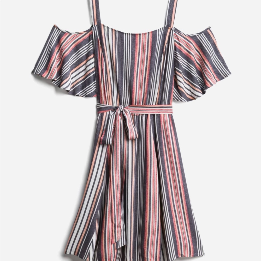 City Chic Striped Off-Shoulder Mini Dress in Navy, Coral & White